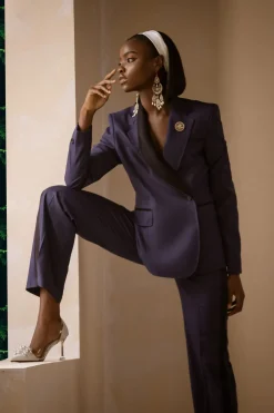 A Navy Blue Double Side Lapel Cross Tuxedo Suit