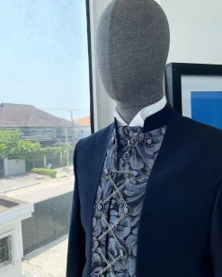 A Navy blue “downtown” with front cut metallic jacquard floral patterned cut suit