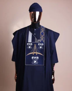 A Navy blue, “Eko Baje Ti – Lagos Will Never Spoil” embroidery details Agbada.