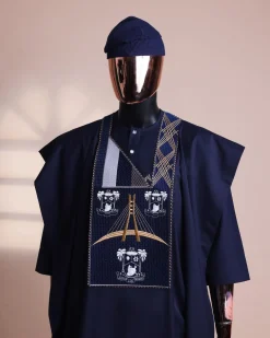 A Navy blue, “Eko Baje Ti – Lagos Will Never Spoil” embroidery details Agbada.