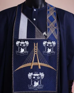 A Navy blue, “Eko Baje Ti – Lagos Will Never Spoil” embroidery details Agbada.