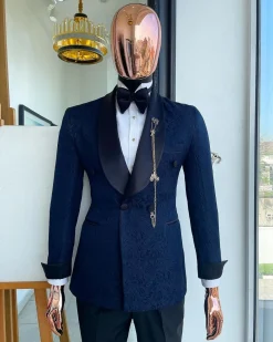A Navy Blue Floral Patterned Shawl Lapel, Single Button Double-Breasted Tuxedo Suit