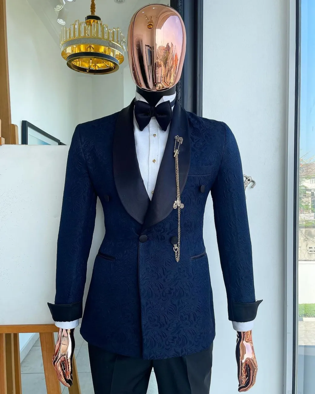 A Navy Blue Floral Patterned Shawl Lapel, Single Button Double-Breasted Tuxedo Suit