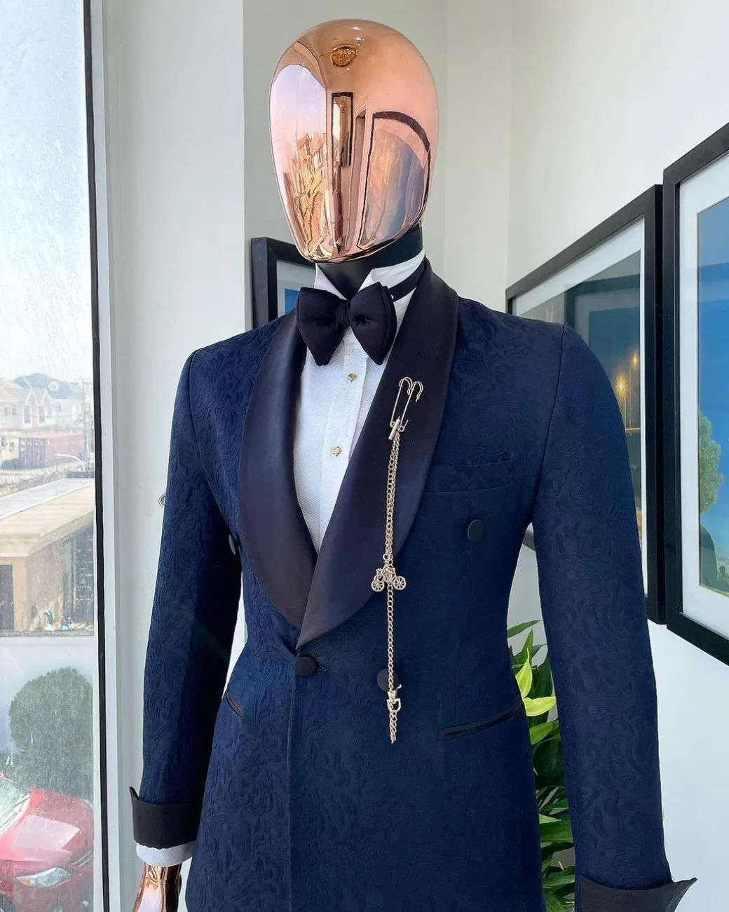 A Navy Blue Floral Patterned Shawl Lapel, Single Button Double-Breasted Tuxedo Suit