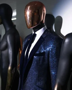 A Navy blue, floral pattern jacquard, slim notch lapel tuxedo suit