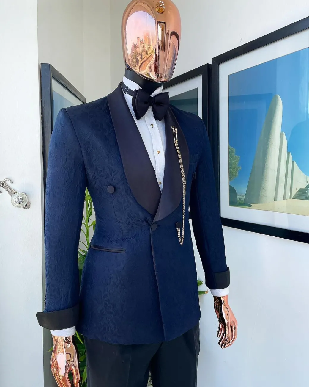 A Navy Blue Floral Patterned Shawl Lapel, Single Button Double-Breasted Tuxedo Suit