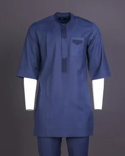 A Navy Blue, Front Flap, 3/4 Sleeve African Senator Kaftan Native.