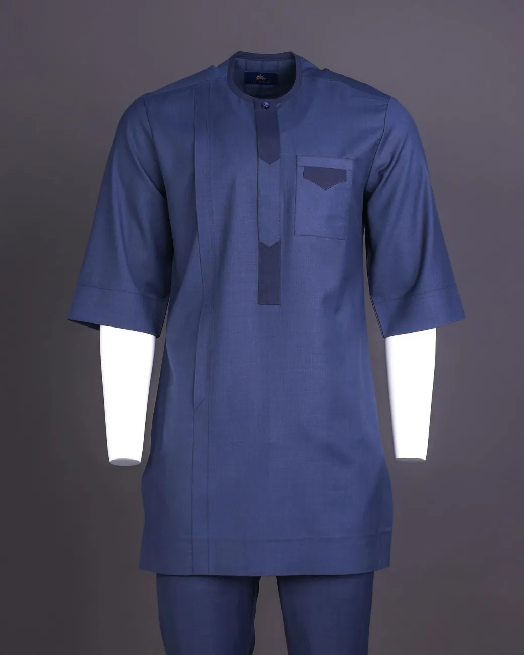 A Navy Blue, Front Flap, 3/4 Sleeve African Senator Kaftan Native.