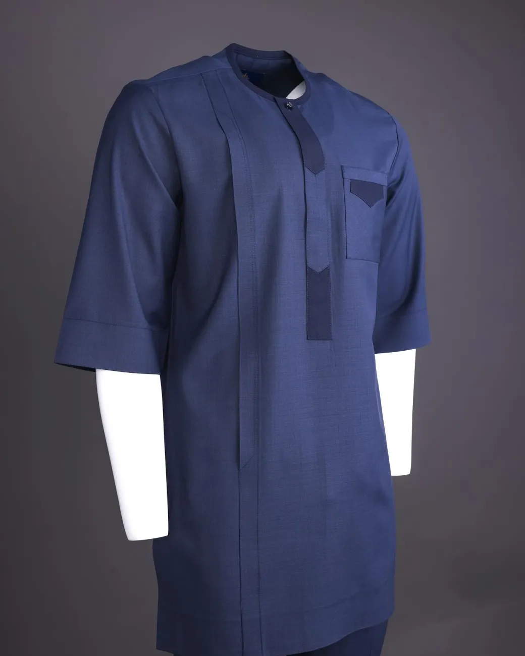 A Navy Blue, Front Flap, 3/4 Sleeve African Senator Kaftan Native.