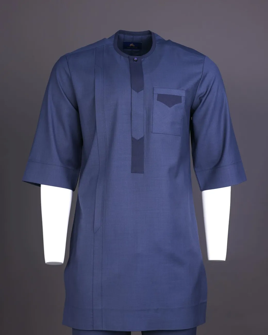 A Navy Blue, Front Flap, 3/4 Sleeve African Senator Kaftan Native.