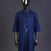 A Navy blue, front flap connected floral on arrow embroidery with crystal clear Swarovski button detailing kaftan
