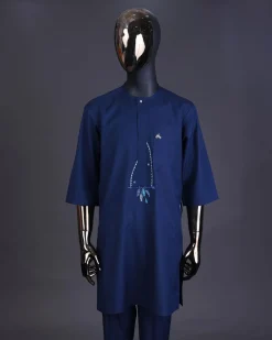 A Navy blue, front flap connected floral on arrow embroidery with crystal clear Swarovski button detailing kaftan