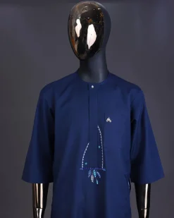 A Navy blue, front flap connected floral on arrow embroidery with crystal clear Swarovski button detailing kaftan