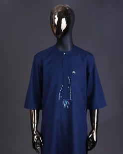 A Navy blue, front flap connected floral on arrow embroidery with crystal clear Swarovski button detailing kaftan