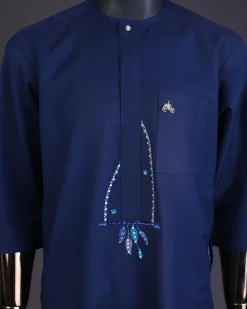 A Navy blue, front flap connected floral on arrow embroidery with crystal clear Swarovski button detailing kaftan
