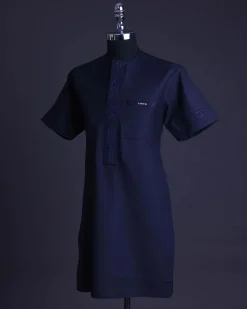 A Navy blue front flap, patch pocket with spiral embroidery detailing African senator Kaftan