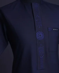 A Navy blue front flap, patch pocket with spiral embroidery detailing African senator Kaftan
