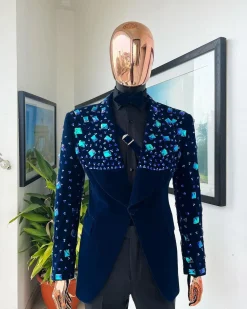 A Navy blue Glass and stone Swarovski mix shawl lapel single button tuxedo blazer suit