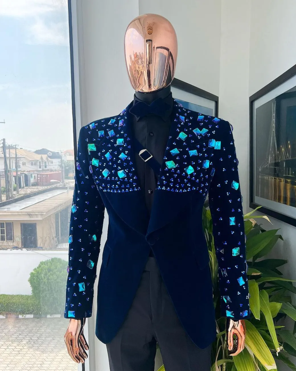A Navy blue Glass and stone Swarovski mix shawl lapel single button tuxedo blazer suit