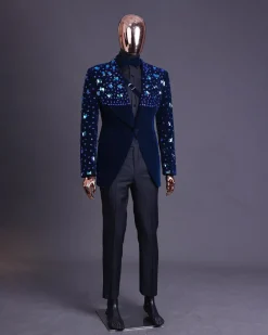 A Navy blue Glass and stone Swarovski mix shawl lapel single button tuxedo blazer suit