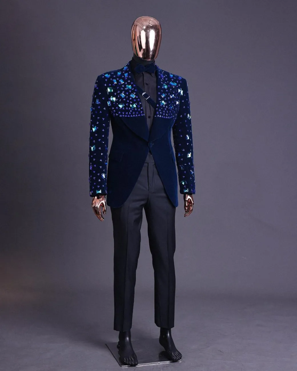 A Navy blue Glass and stone Swarovski mix shawl lapel single button tuxedo blazer suit