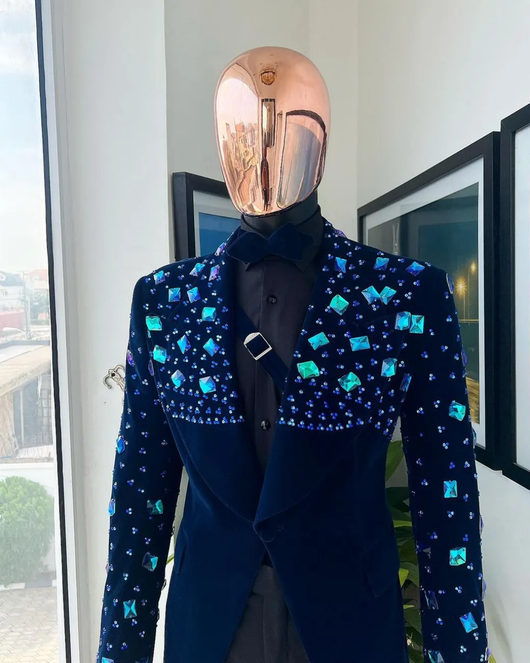 A Navy blue Glass and stone Swarovski mix shawl lapel single button tuxedo blazer suit
