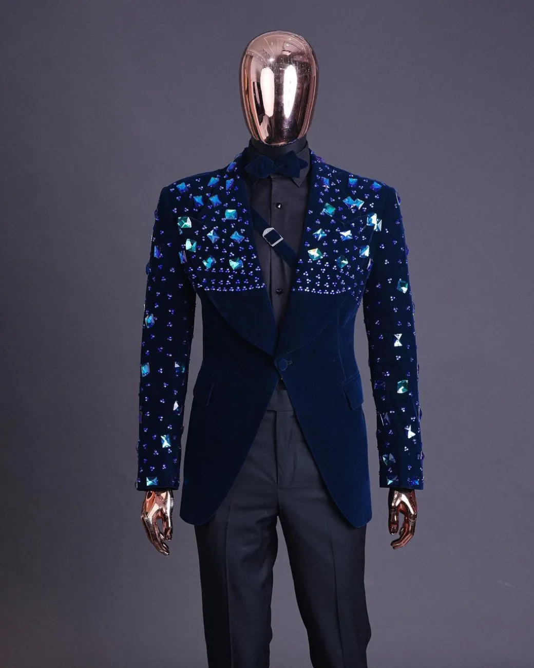 A Navy blue Glass and stone Swarovski mix shawl lapel single button tuxedo blazer suit