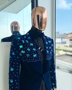 A Navy blue Glass and stone Swarovski mix shawl lapel single button tuxedo blazer suit