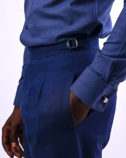 A Navy blue, Gurkha pant with double pleats trouser.