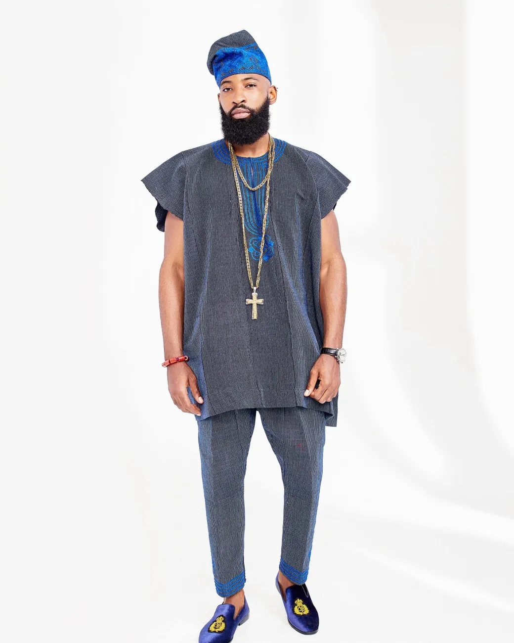 A Navy Blue Hand Embroidery Royal Agbada Aso-Oke, Dashiki, Coral Bead and Hat