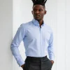 A Navy blue, herringbone high and slant collar business shirt.