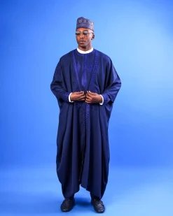 A Navy blue, “IBB”, arewa front cut, traditional detailing embroidery details tagbada