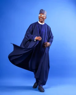 A Navy blue, “IBB”, arewa front cut, traditional detailing embroidery details tagbada