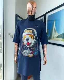 A Navy blue, invisible shoulder, lion king head patch pattern detailing african traditional senator kaftan native.