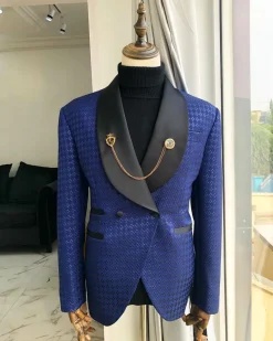 A Navy Blue Jacquard and Black shawl Lapel Tuxedo suit