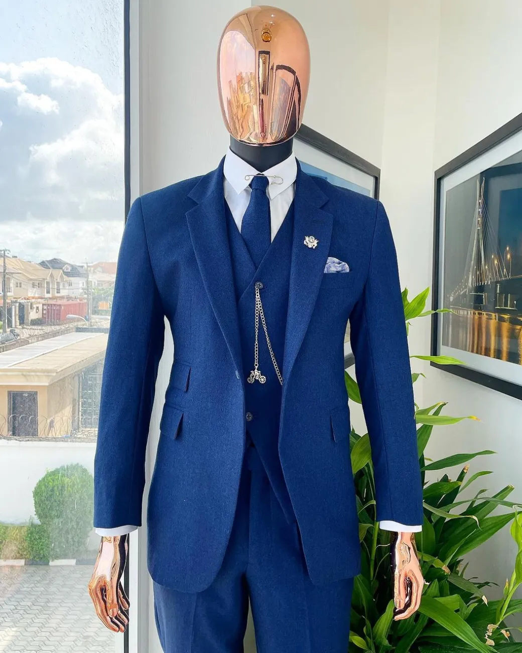 A navy blue Jorgecarli Super 140’s “Board Room” notch lapel suit