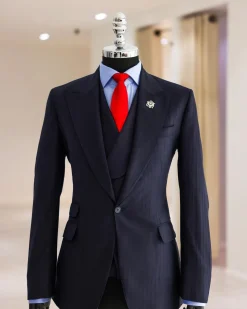 A Navy Blue, Knitted, Peak Lapel, Nobility, Invisible Stripe Suit.