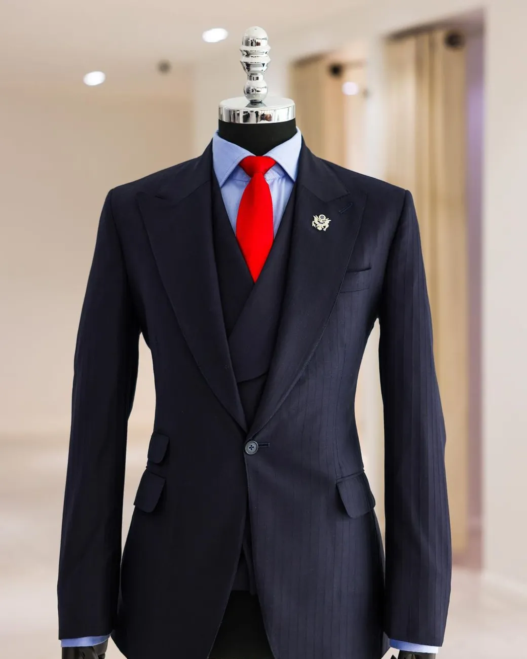 A Navy Blue, Knitted, Peak Lapel, Nobility, Invisible Stripe Suit.