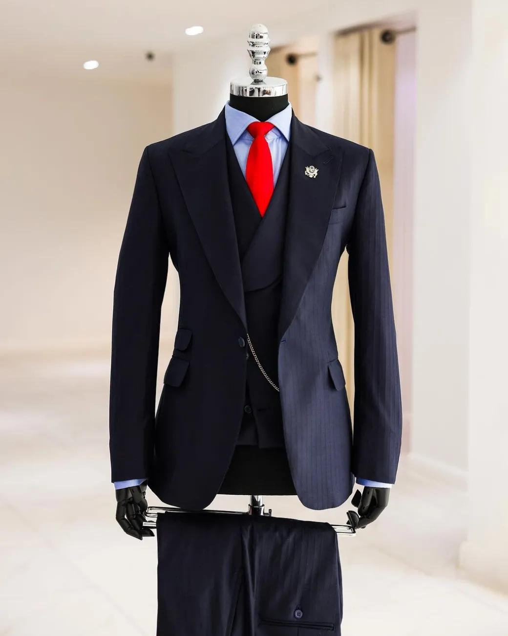 A Navy Blue, Knitted, Peak Lapel, Nobility, Invisible Stripe Suit.