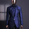 A Navy blue, knitted, root floral jacquard notch lapel suit.