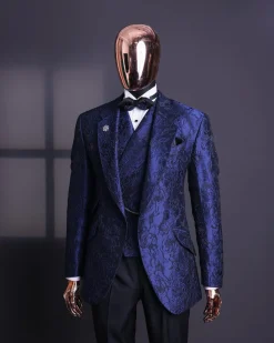 A Navy blue, knitted, root floral jacquard notch lapel suit