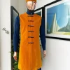 A Navy blue long sleeve kaftan, Mustard velvet jacket Swarovski stone
