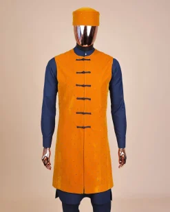 A Navy blue long sleeve kaftan, Mustard velvet jacket Swarovski stone