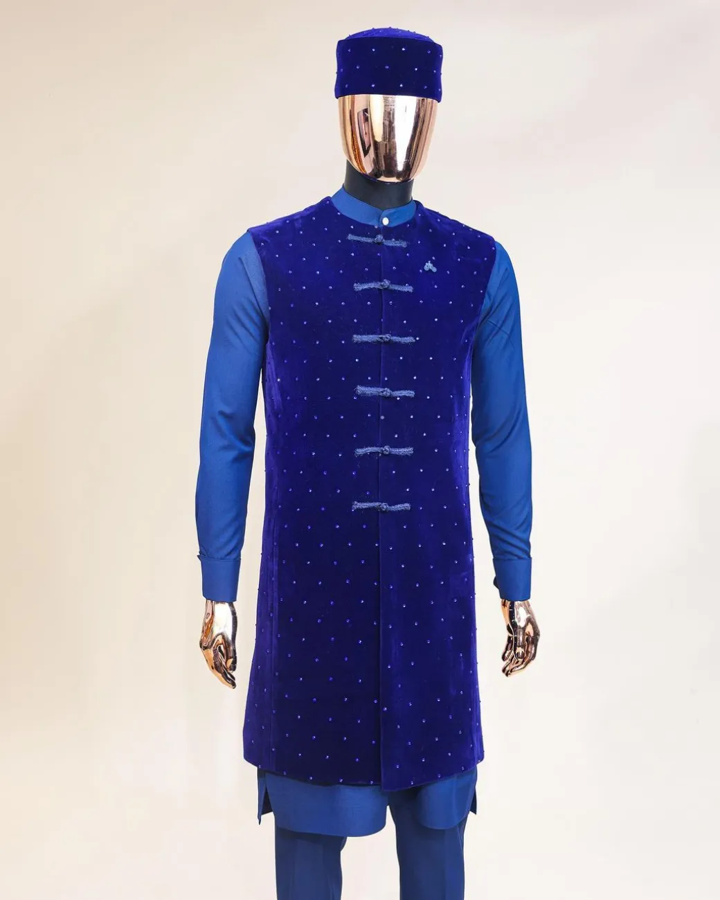 A Navy blue long sleeve kaftan, Admiral blue velvet jacket & mandarin buttons, hat and sokoto African traditional senator kaftan native.