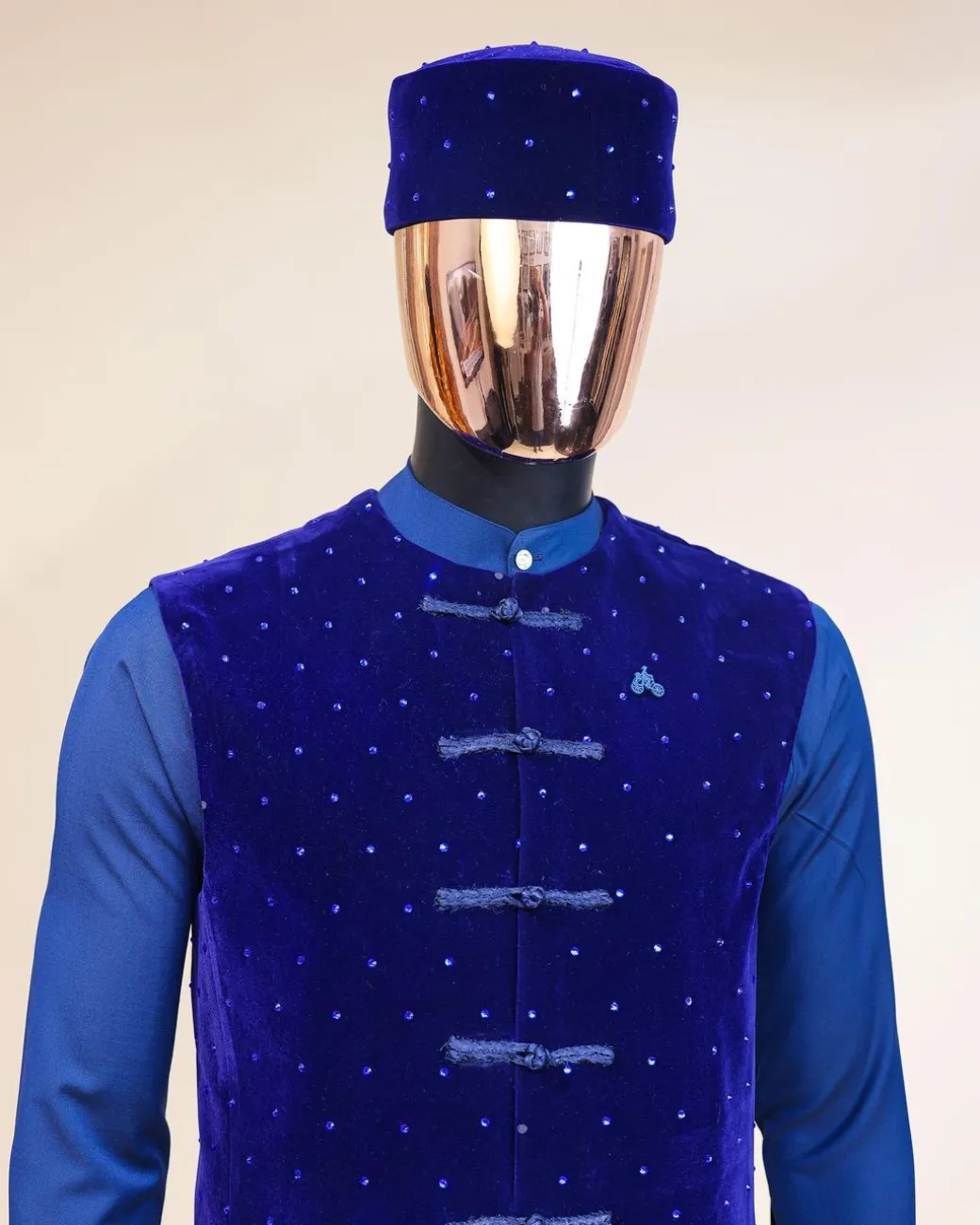 A Navy blue long sleeve kaftan, Admiral blue velvet jacket & mandarin buttons, hat and sokoto African traditional senator kaftan native.