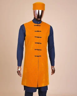 A Navy blue long sleeve kaftan, Mustard velvet jacket Swarovski stone