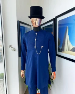 A Navy blue men’s Etibo with sliver accessories detailing.