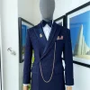 A navy blue metallic jacquard Bespoke reloaded “Arthur Richards” tuxedo 3 lapel suit.