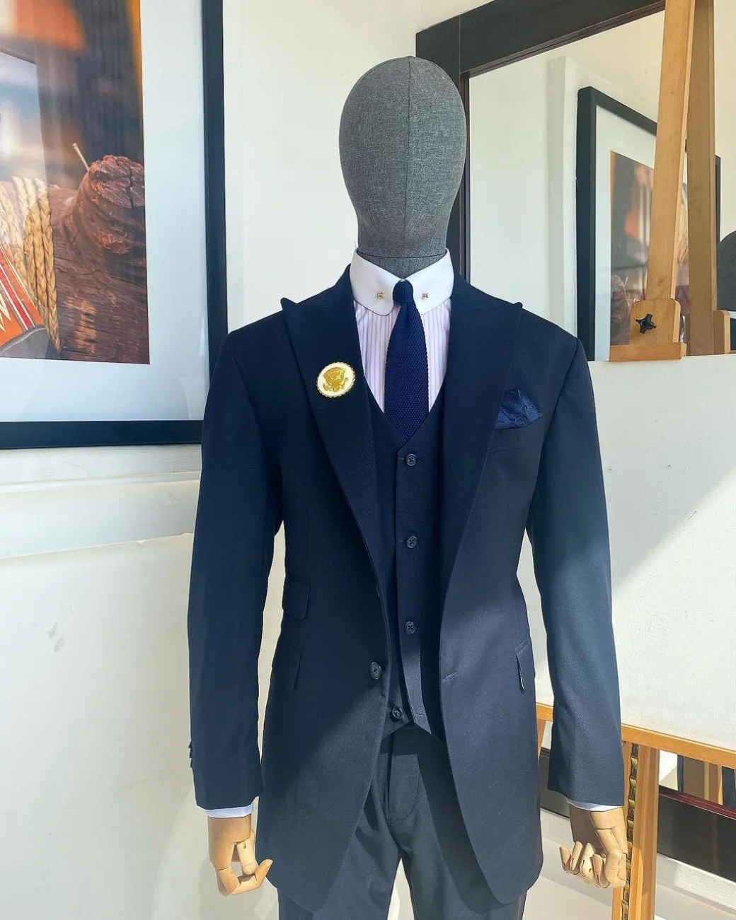 A Navy Blue Nobility Fabric “Board Room” 3 Piece Peak Lapel Suit