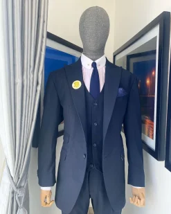 A Navy Blue Nobility Fabric “Board Room” 3 Piece Peak Lapel Suit